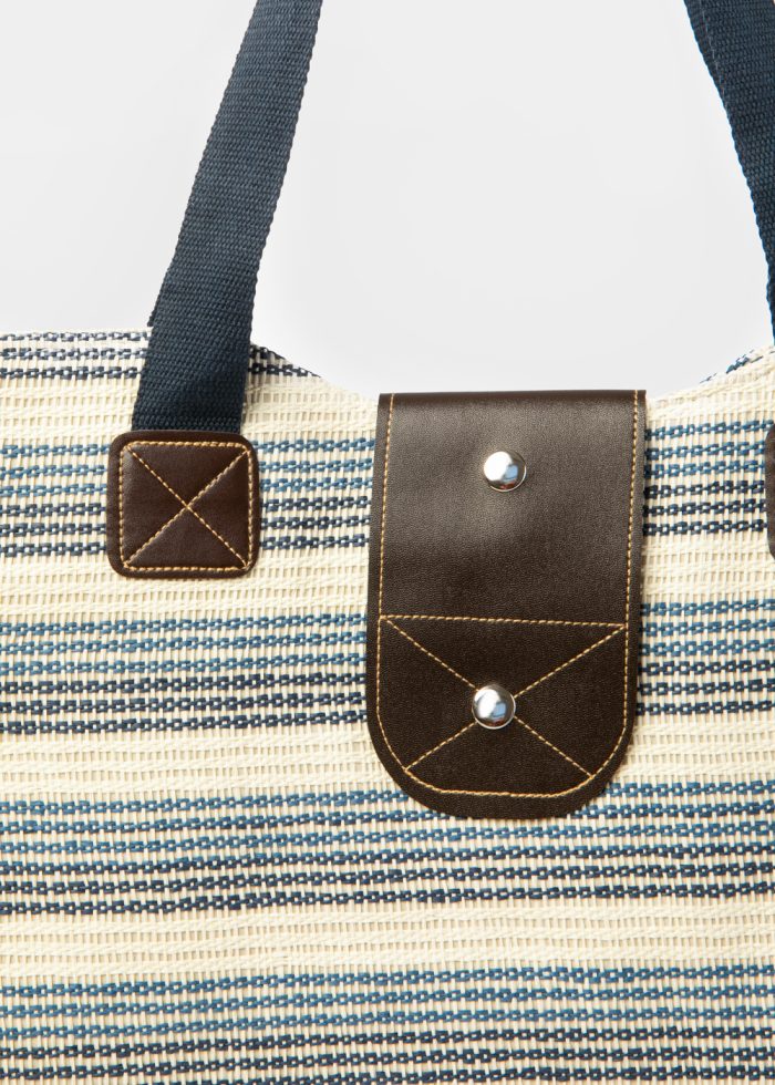 Blue Striped Beach Bag w/ Leatherette Details - Image 3