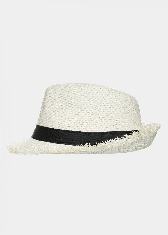 Ecru fedora with loose strands and black strap - Image 2