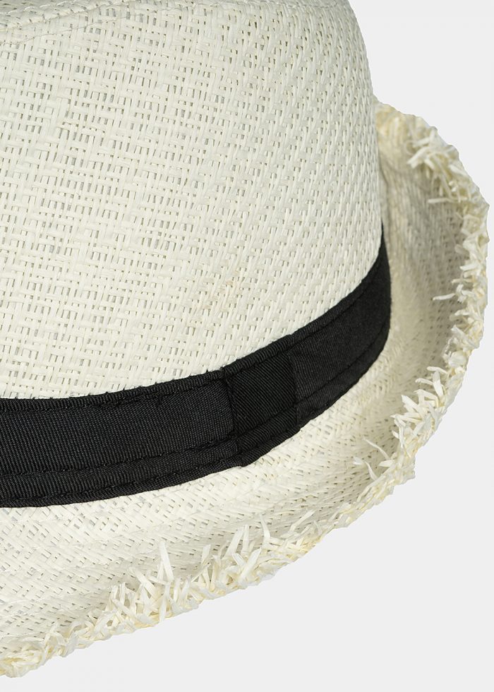 Ecru fedora with loose strands and black strap - Image 3