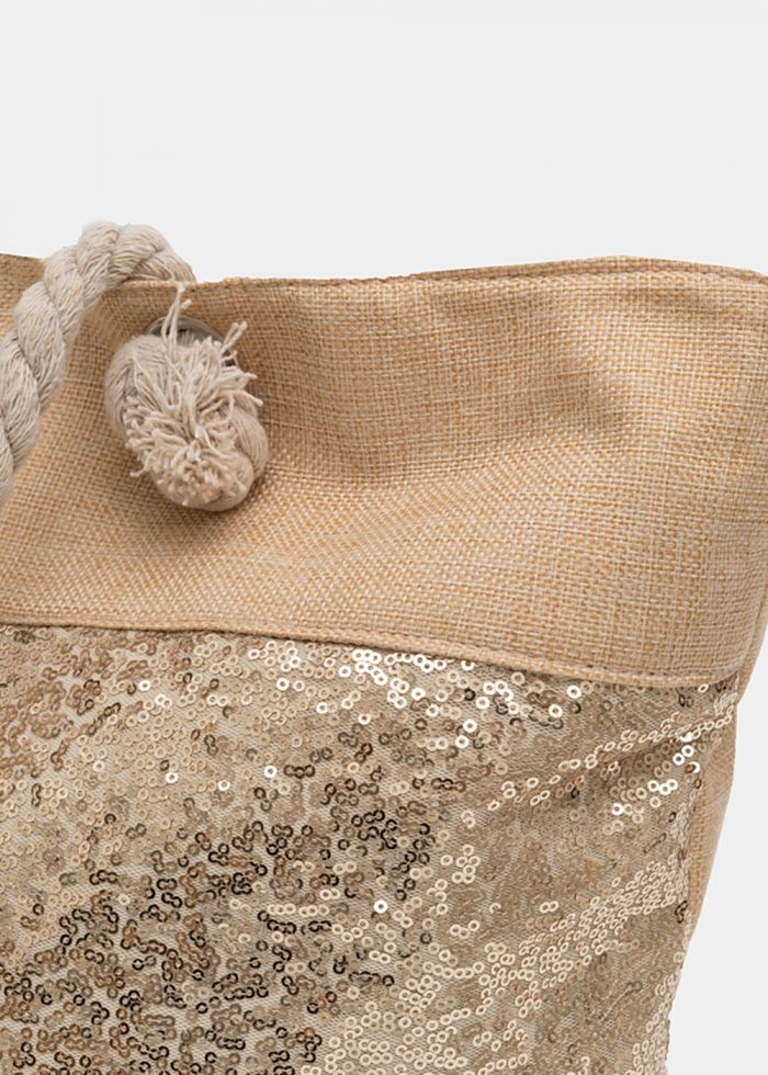 Beige beach bag with gold sequins - Image 3