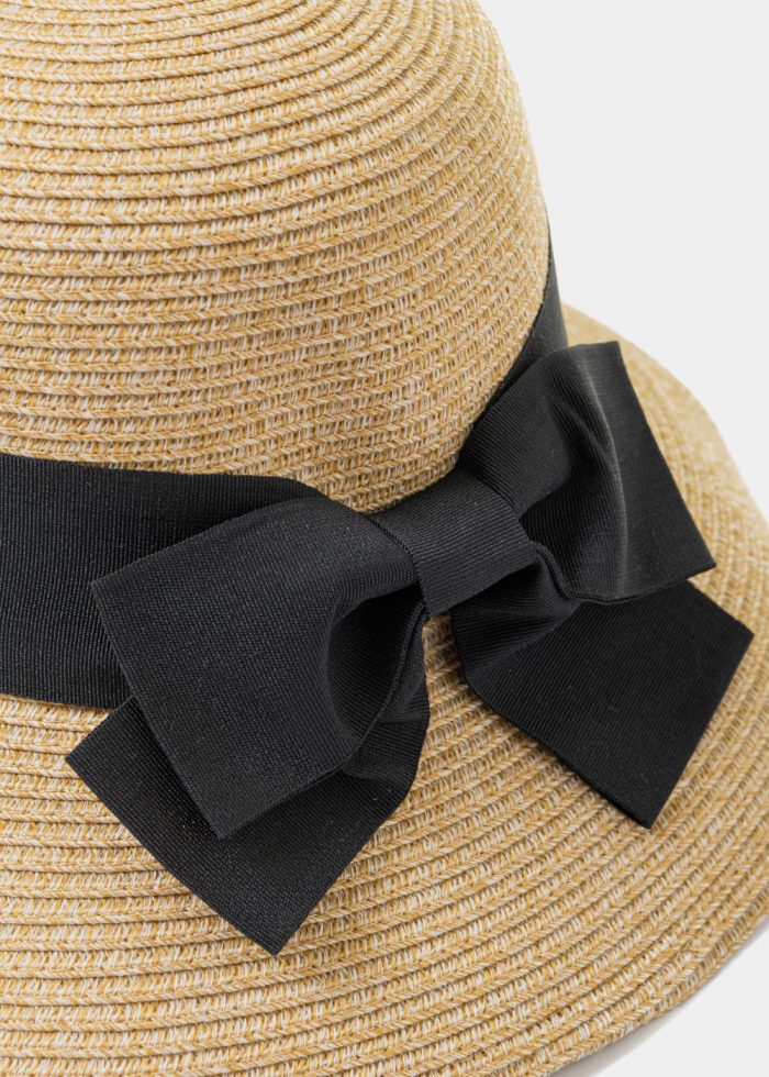 Mixed Brown Straw Hat w/ Black Bow - Image 3