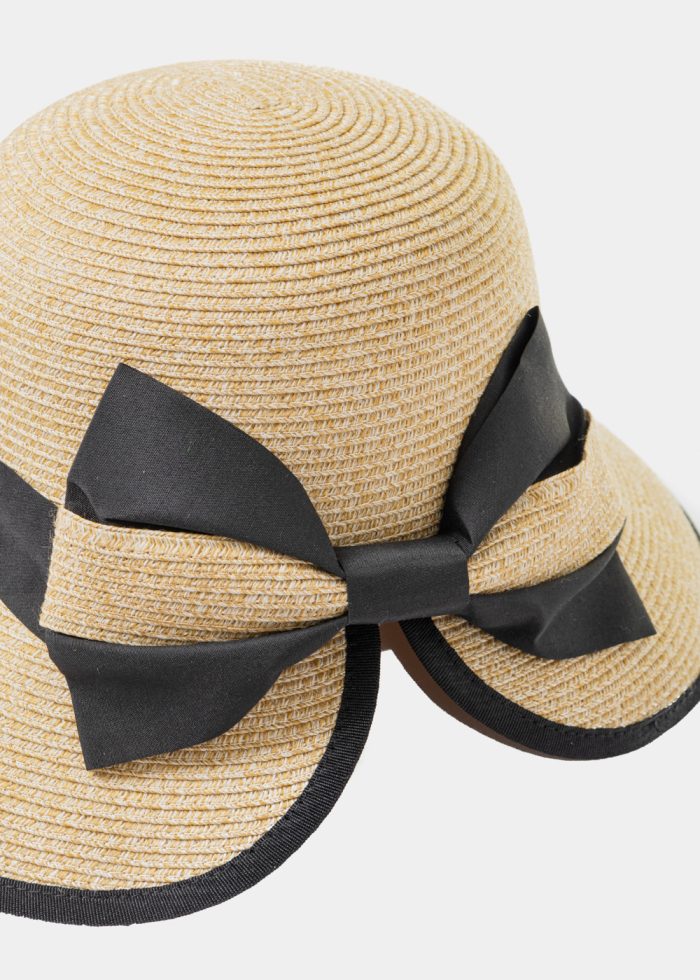 Mixed Brown Cut Straw Hat w/ Black Bow - Image 3
