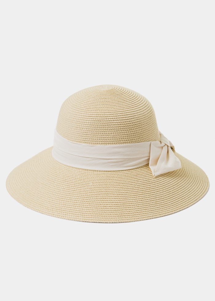 Beige Straw Hat w/ Cream Bow - Image 2