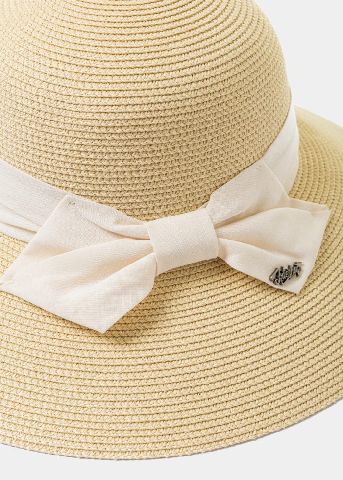 Beige Straw Hat w/ Cream Bow - Image 3