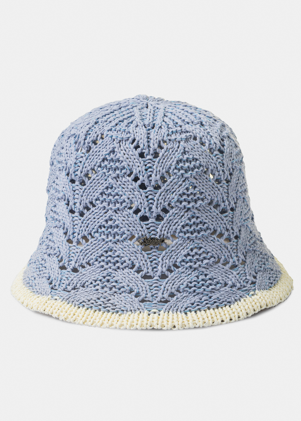 Light Blue Knitted Bucket Style Hat w/ Ecru Outline Light Blue Knitted Bucket Style Hat w/ Ecru Outline - Image 1
