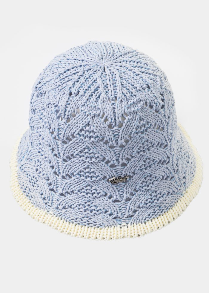 Light Blue Knitted Bucket Style Hat w/ Ecru Outline - Image 2