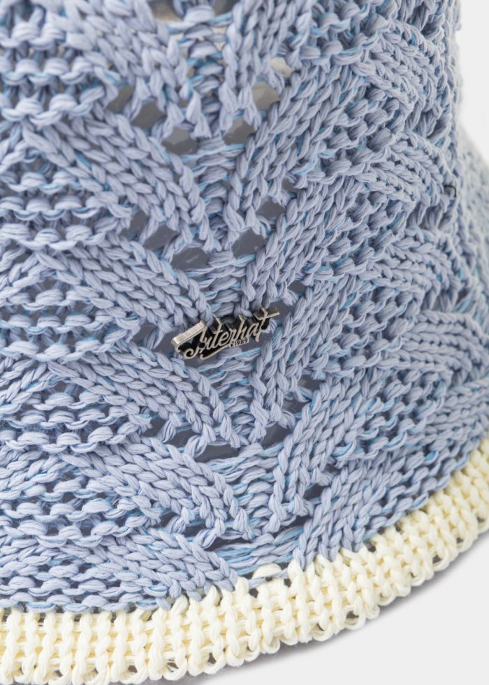 Light Blue Knitted Bucket Style Hat w/ Ecru Outline - Image 3