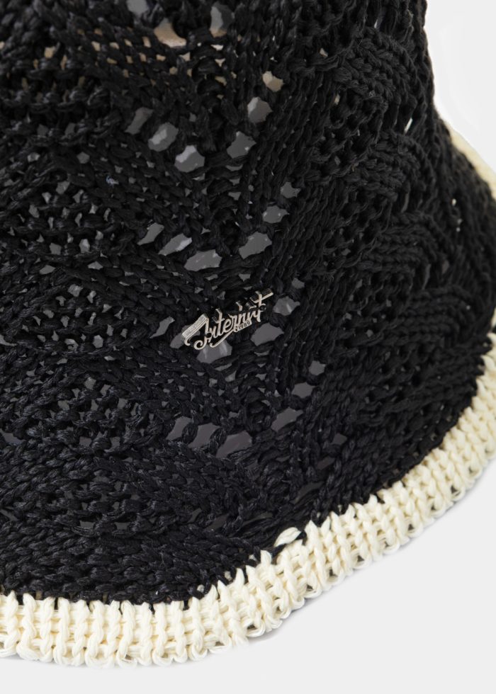 Black Knitted Bucket Style Hat w/ Ecru Outline - Image 3