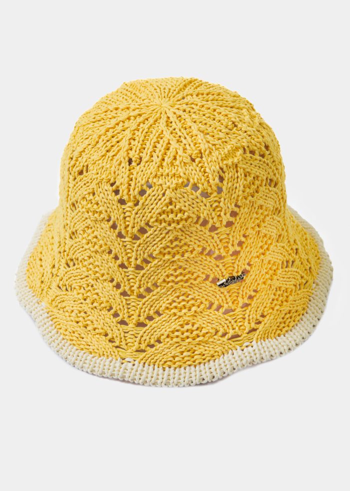 Yellow Knitted Bucket Style Hat w/ Ecru Outline - Image 2