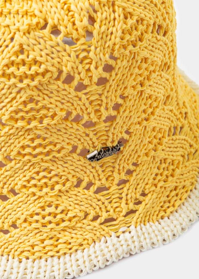 Yellow Knitted Bucket Style Hat w/ Ecru Outline - Image 3