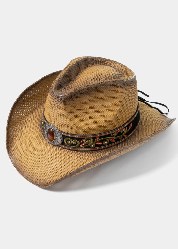 Brown Cowboy Style Hat w/ Brown Decotative Hatband - Image 2