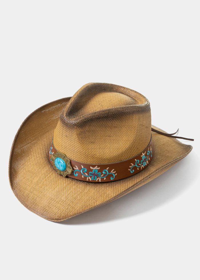 Brown Cowboy Style Hat w/ Blue Details - Image 2