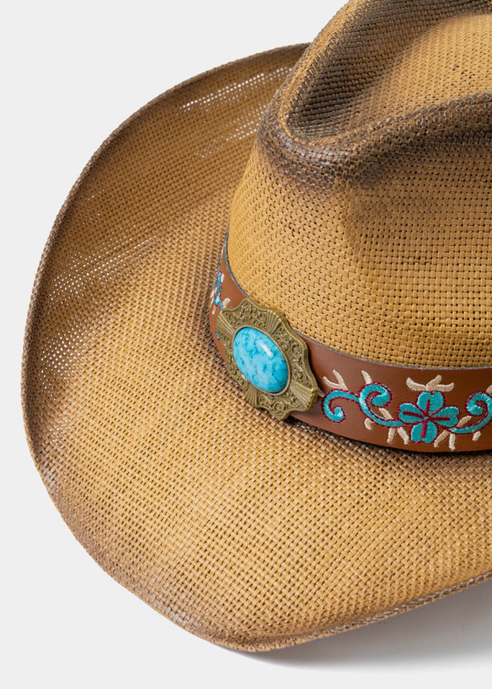 Brown Cowboy Style Hat w/ Blue Details - Image 3