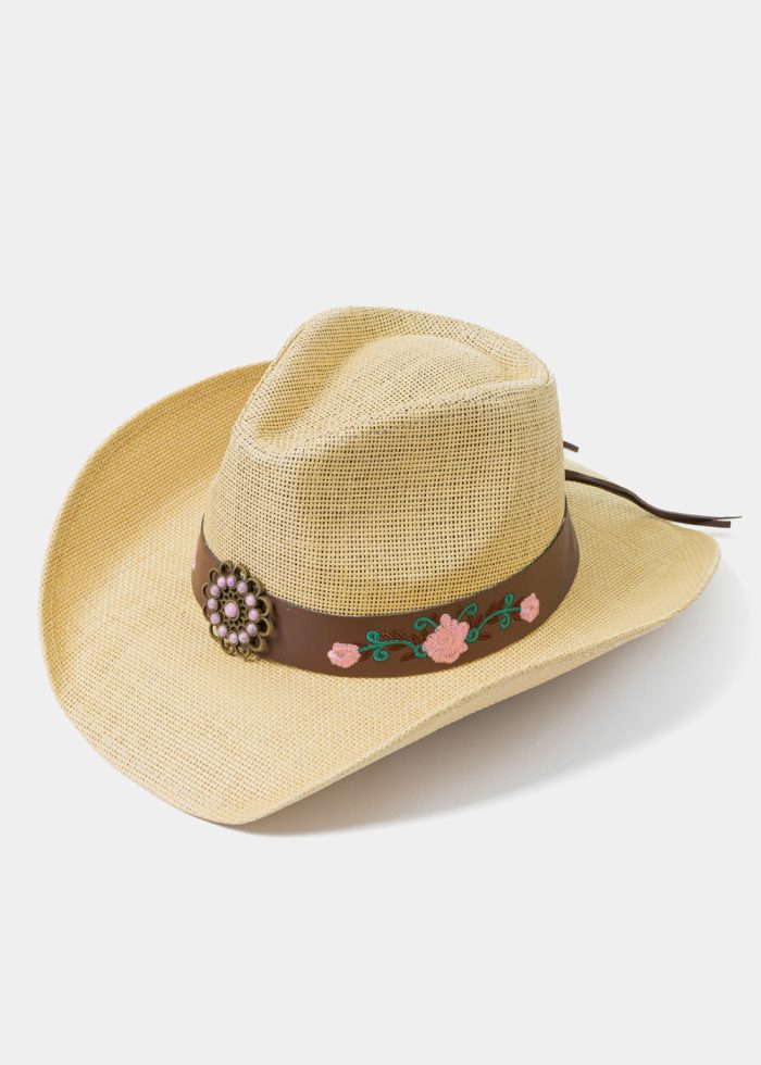 Beige Cowboy Style Hat w/ Pink Flowers - Image 2