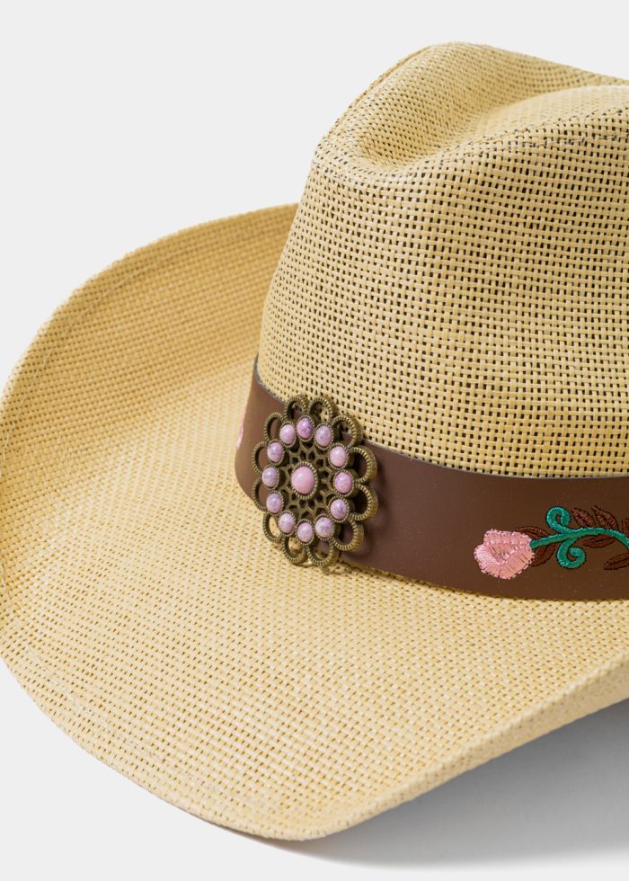 Beige Cowboy Style Hat w/ Pink Flowers - Image 3