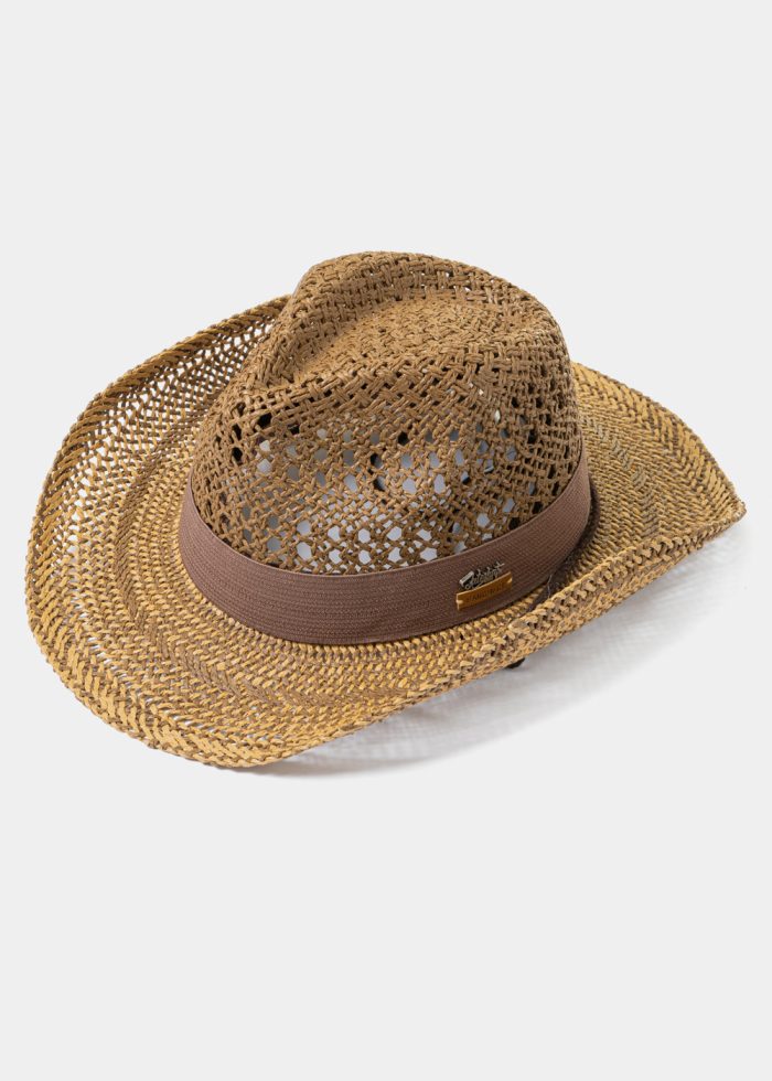 Brown & Beige Cowboy Style Hat w/ Brown Hatband - Image 2