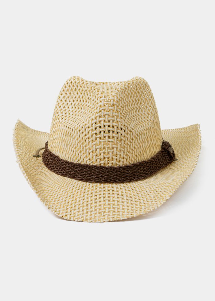 Ecru Cowboy Style Hat w/ Brown Braided Hatband - Image 3