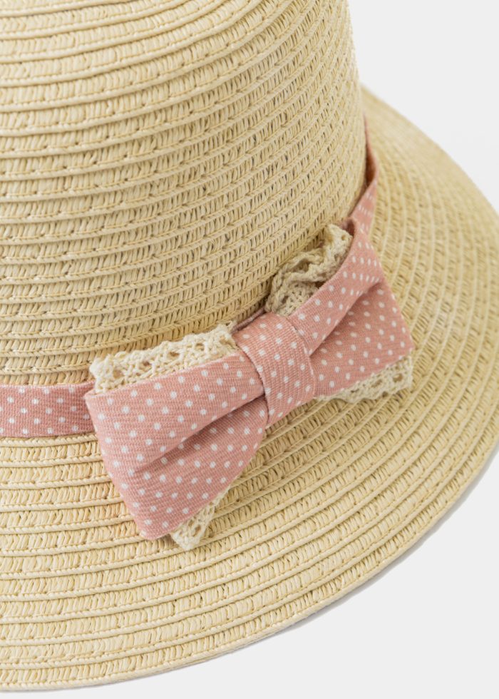 Beige Kids Straw Hat w/ Pink Bow - Image 2