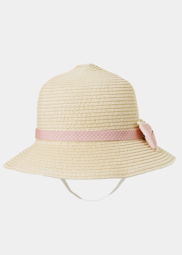 Beige Kids Straw Hat w/ Pink Bow - Image 3