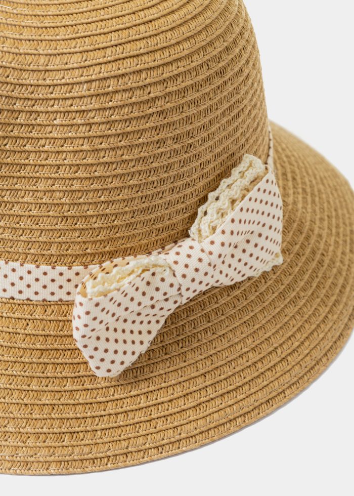 Brown Kids Straw Hat w/ Ecru Bow - Image 2