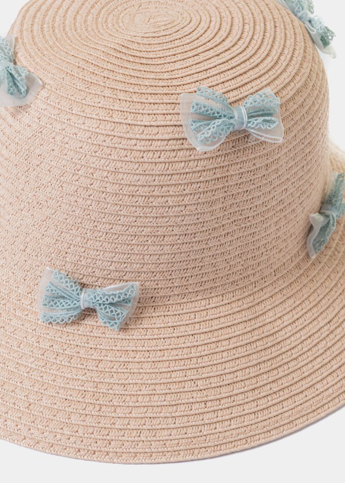 Pink Kids Straw Hat w/ Blue Bows - Image 2