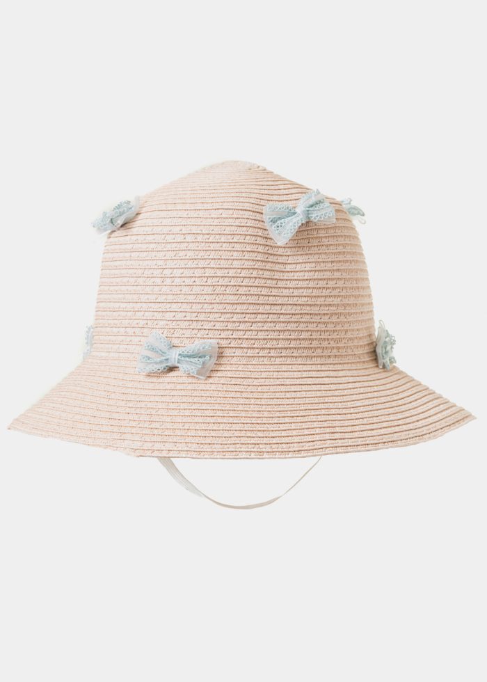 Pink Kids Straw Hat w/ Blue Bows - Image 3