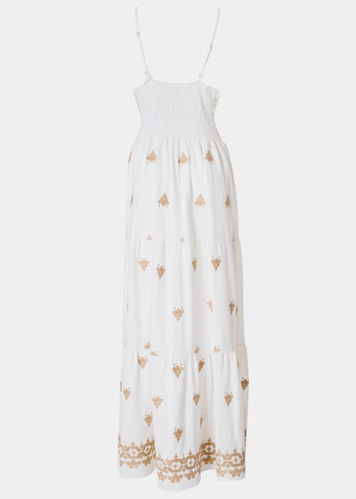 White Maxi Dress w/ Beige Embroidered Flowers - Image 2