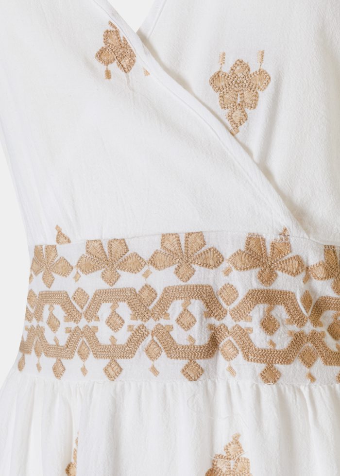 White Maxi Dress w/ Beige Embroidered Flowers - Image 3