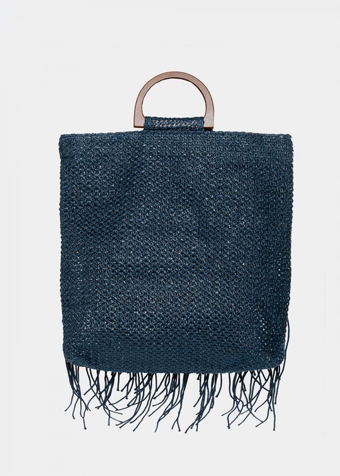 straw bag with fringes in navy blue - Image 2