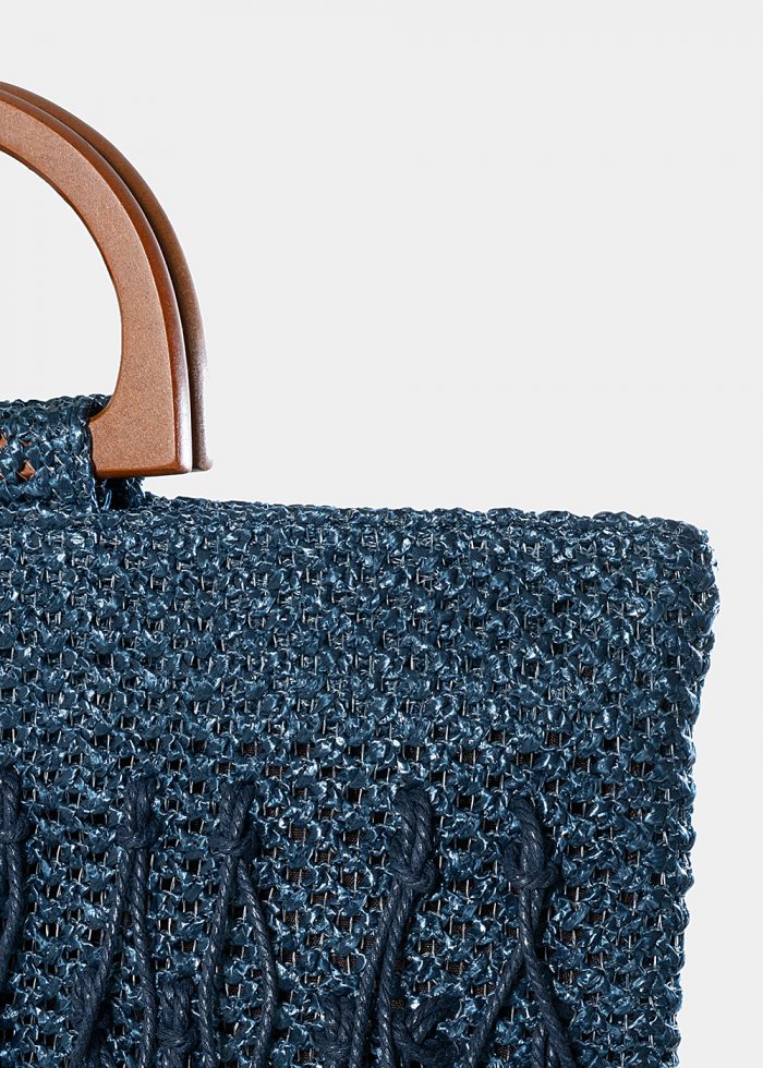 straw bag with fringes in navy blue - Image 3