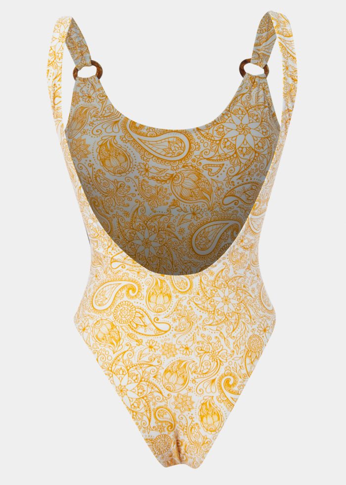 Dacron Low Back One-Piece Swimwear - Yellow Paisley - Image 2