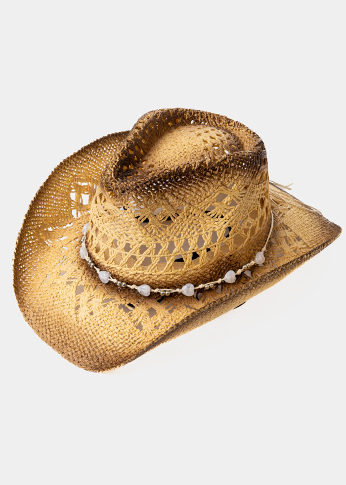 Beige Cowboy Style Hat w/ White mini Hearts - Image 2