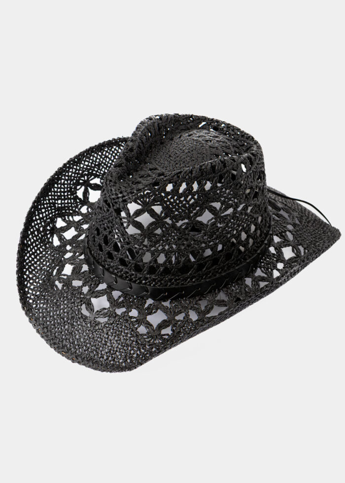 Black Cowboy Style Hat w/ Leather Strap - Image 2