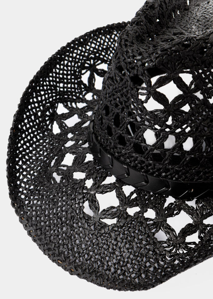 Black Cowboy Style Hat w/ Leather Strap - Image 3