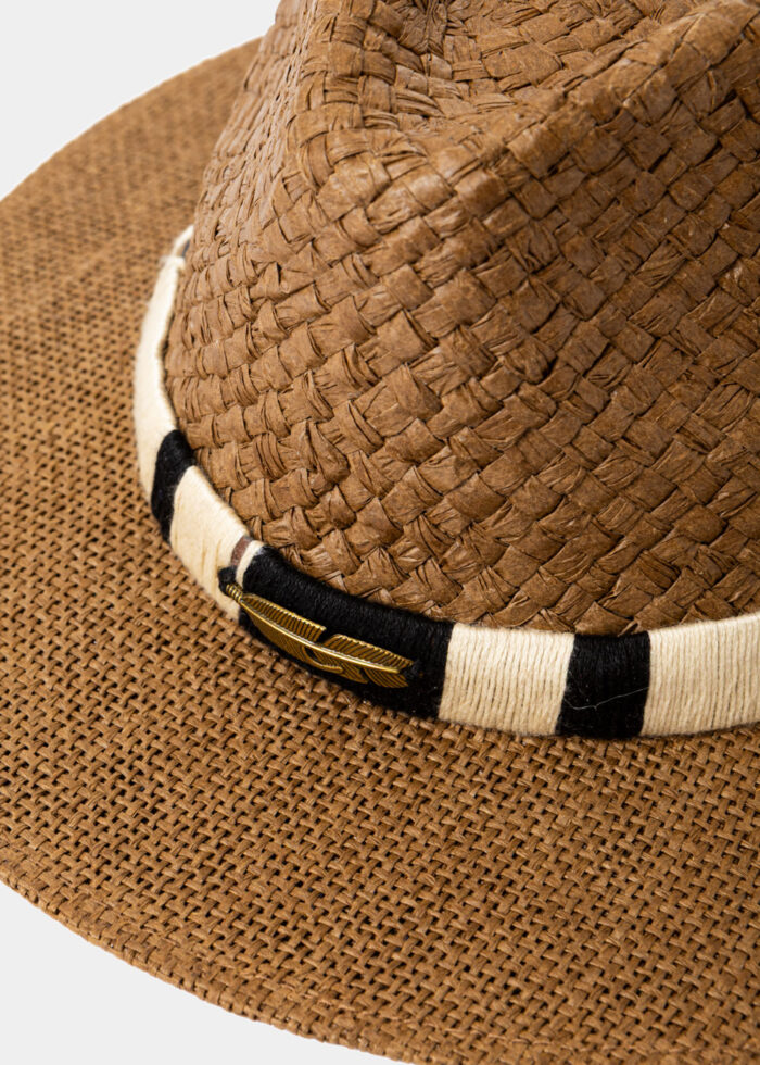 Brown Panama Style Hat w/ Gold Feather Detail - Image 3