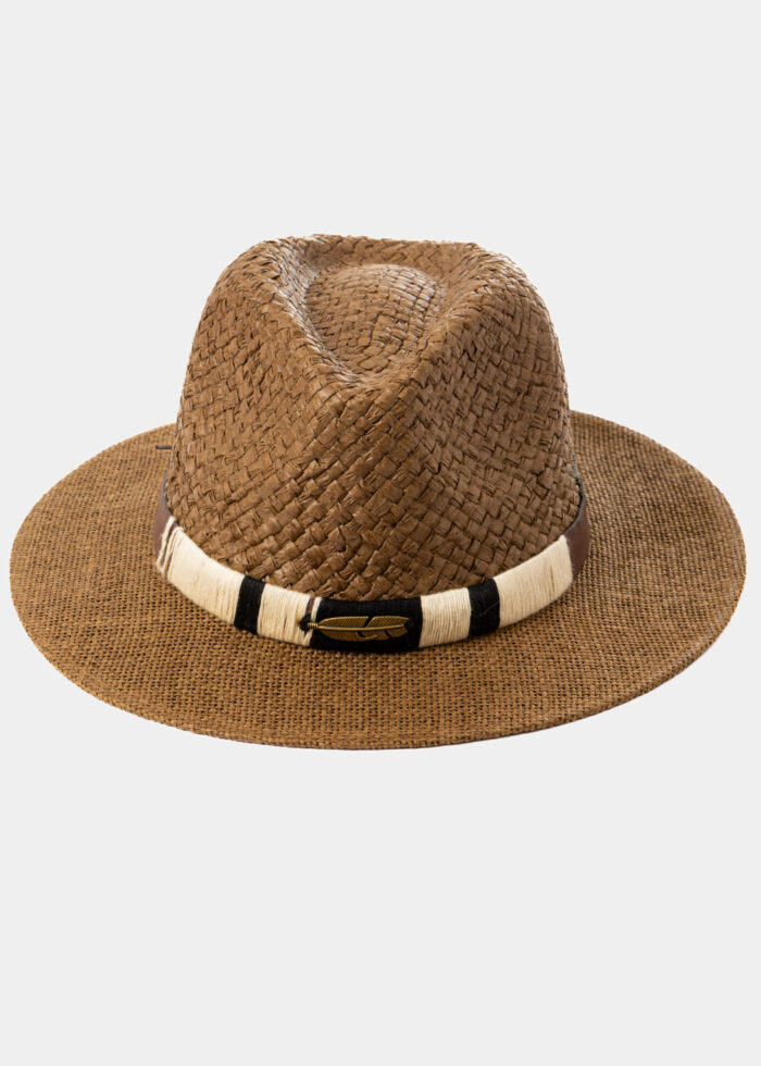 Brown Panama Style Hat w/ Gold Feather Detail - Image 2