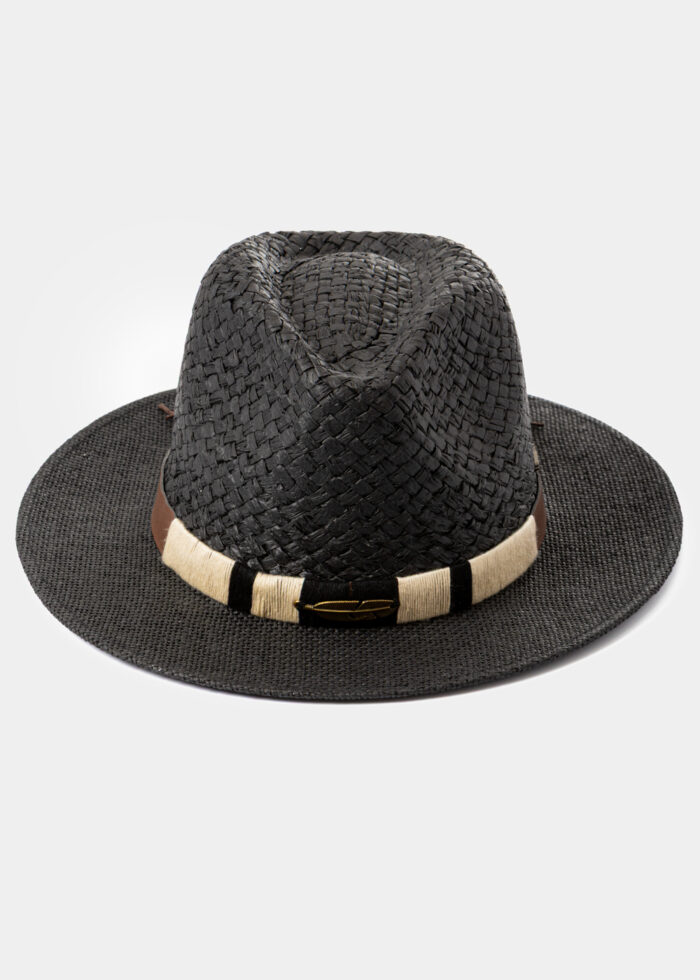 Black Panama Style Hat w/ Gold Feather Detail - Image 2