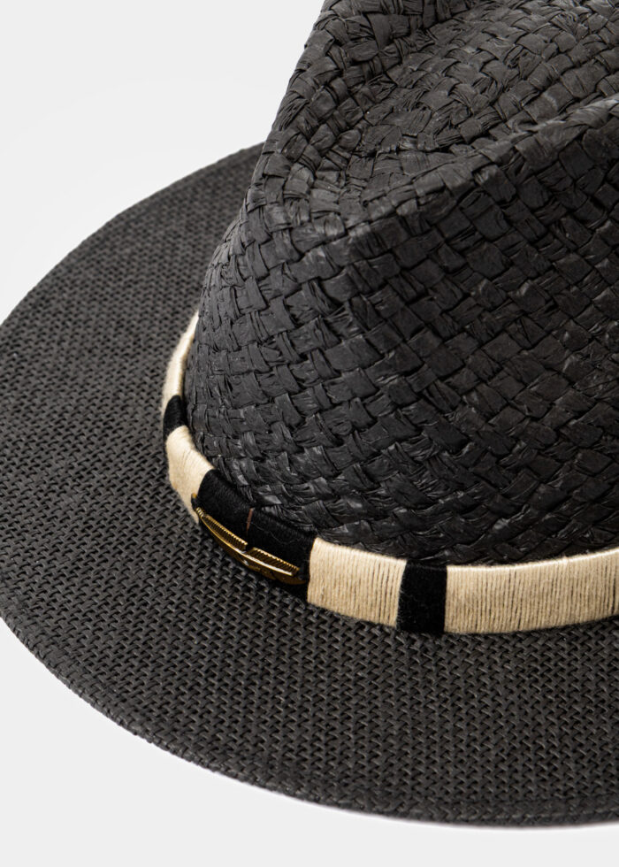 Black Panama Style Hat w/ Gold Feather Detail - Image 3