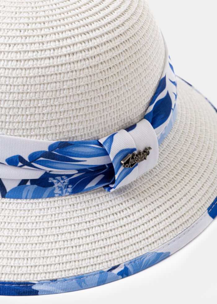 White Straw Hat w/ Patterned Ribbon - Image 2