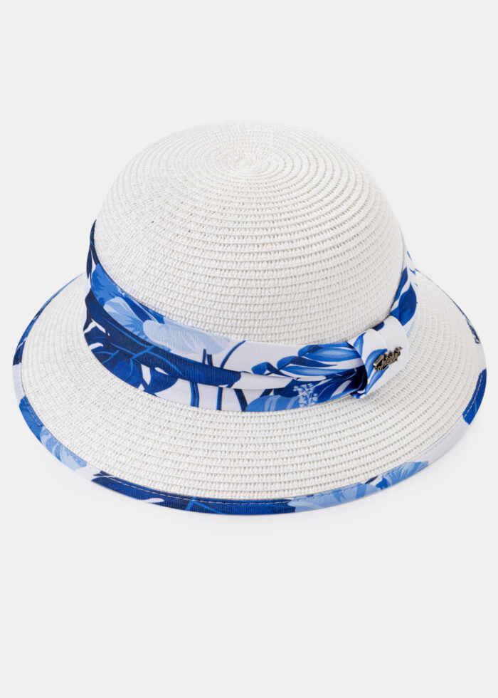 White Straw Hat w/ Patterned Ribbon - Image 3