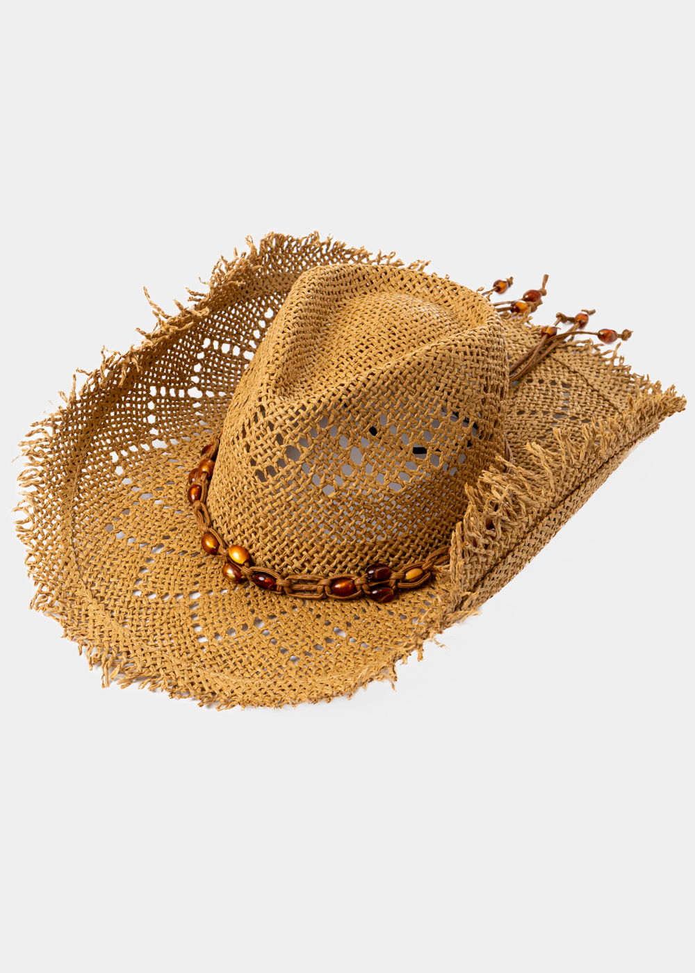 G28A5953 copy Brown Fringed Cowboy Style Hat w/ Brown Beaded Strap - Image 1