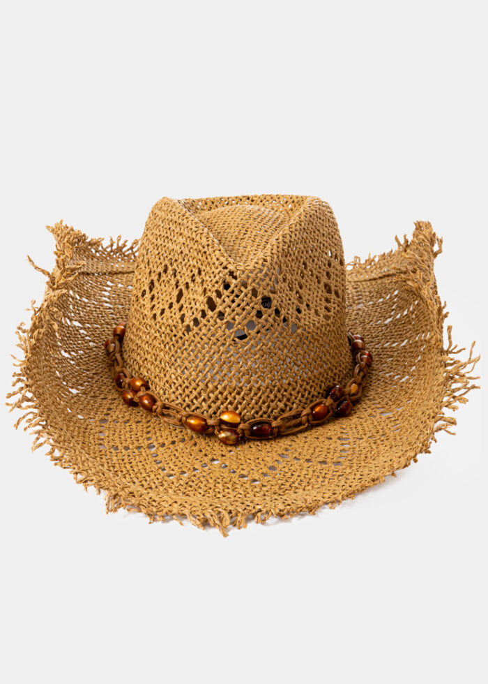 Brown Fringed Cowboy Style Hat w/ Brown Beaded Strap - Image 2