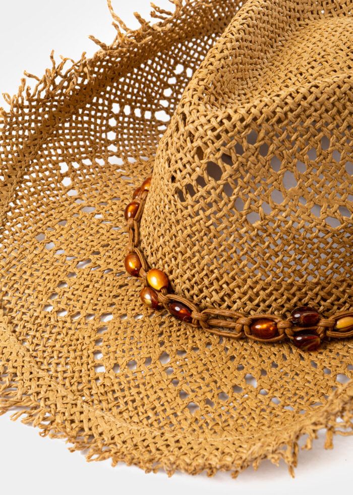 Brown Fringed Cowboy Style Hat w/ Brown Beaded Strap - Image 3