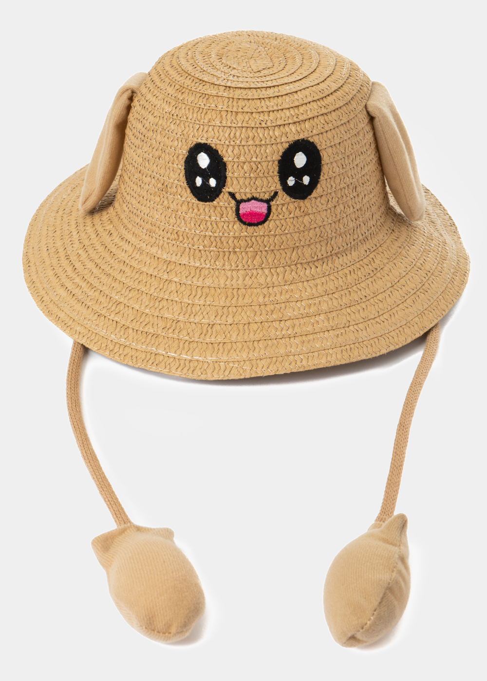 G28A6073 copy Brown Kids Straw Bucket Hat w/ Smiley & Wiggly Ears - Image 1
