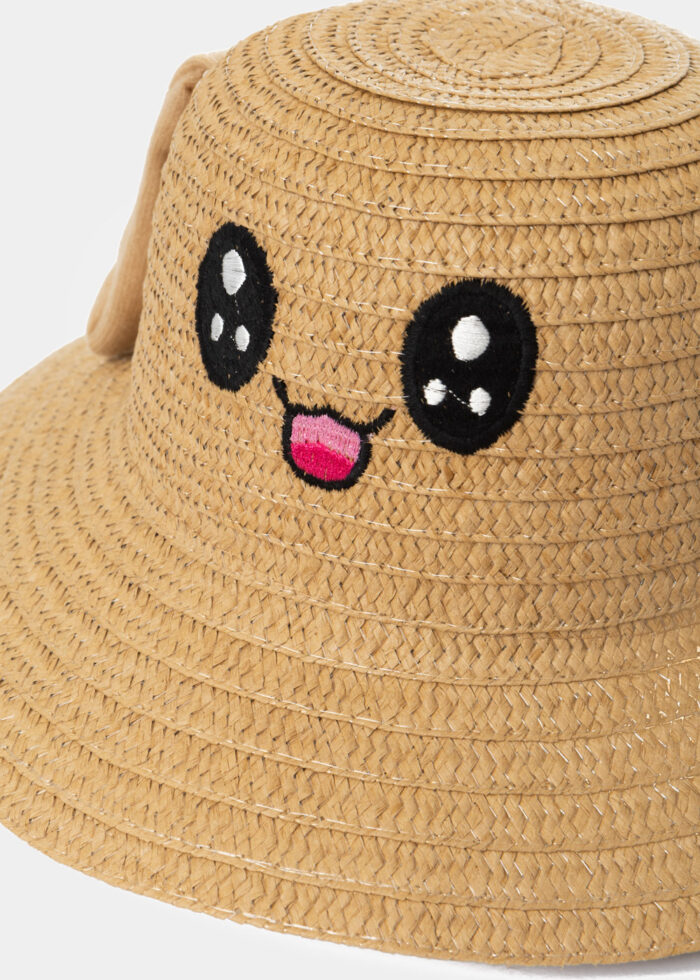 Brown Kids Straw Bucket Hat w/ Smiley & Wiggly Ears - Image 2
