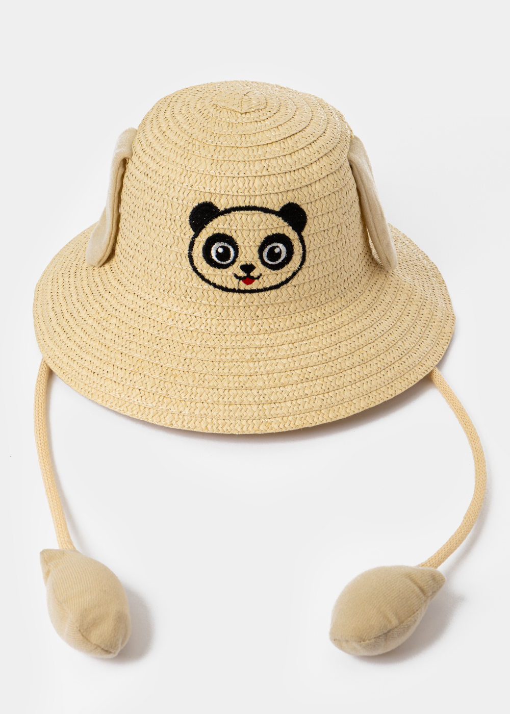 G28A6076 copy Beige Kids Straw Bucket Hat w/ Panda & Wiggly Ears - Image 1