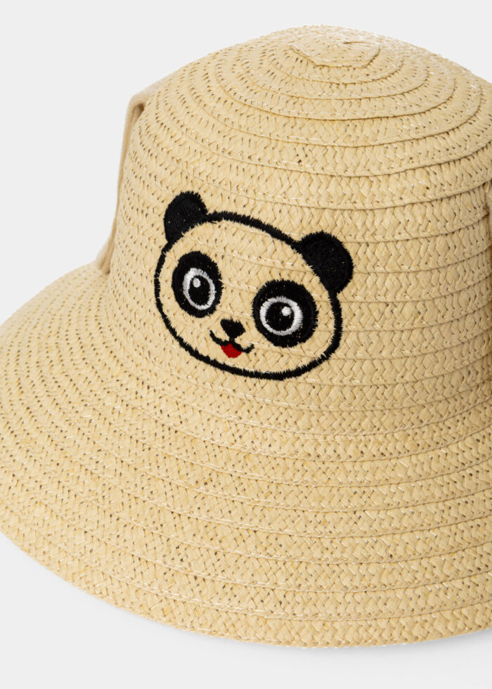 Beige Kids Straw Bucket Hat w/ Panda & Wiggly Ears - Image 2