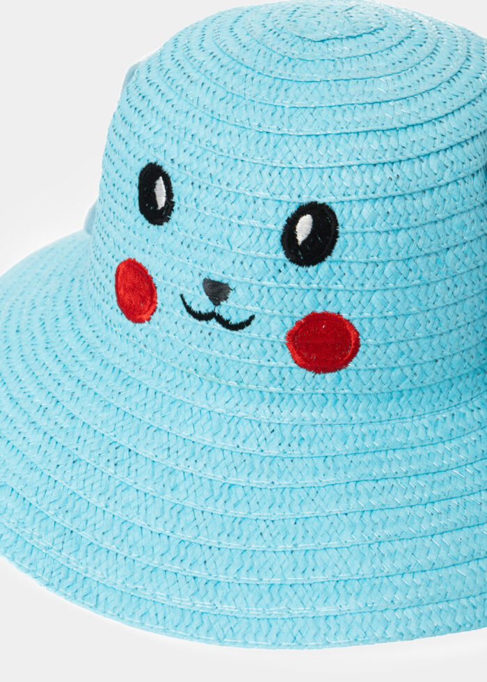 Light Blue Kids Straw Bucket Hat w/ Smiley & Wiggly Ears - Image 2