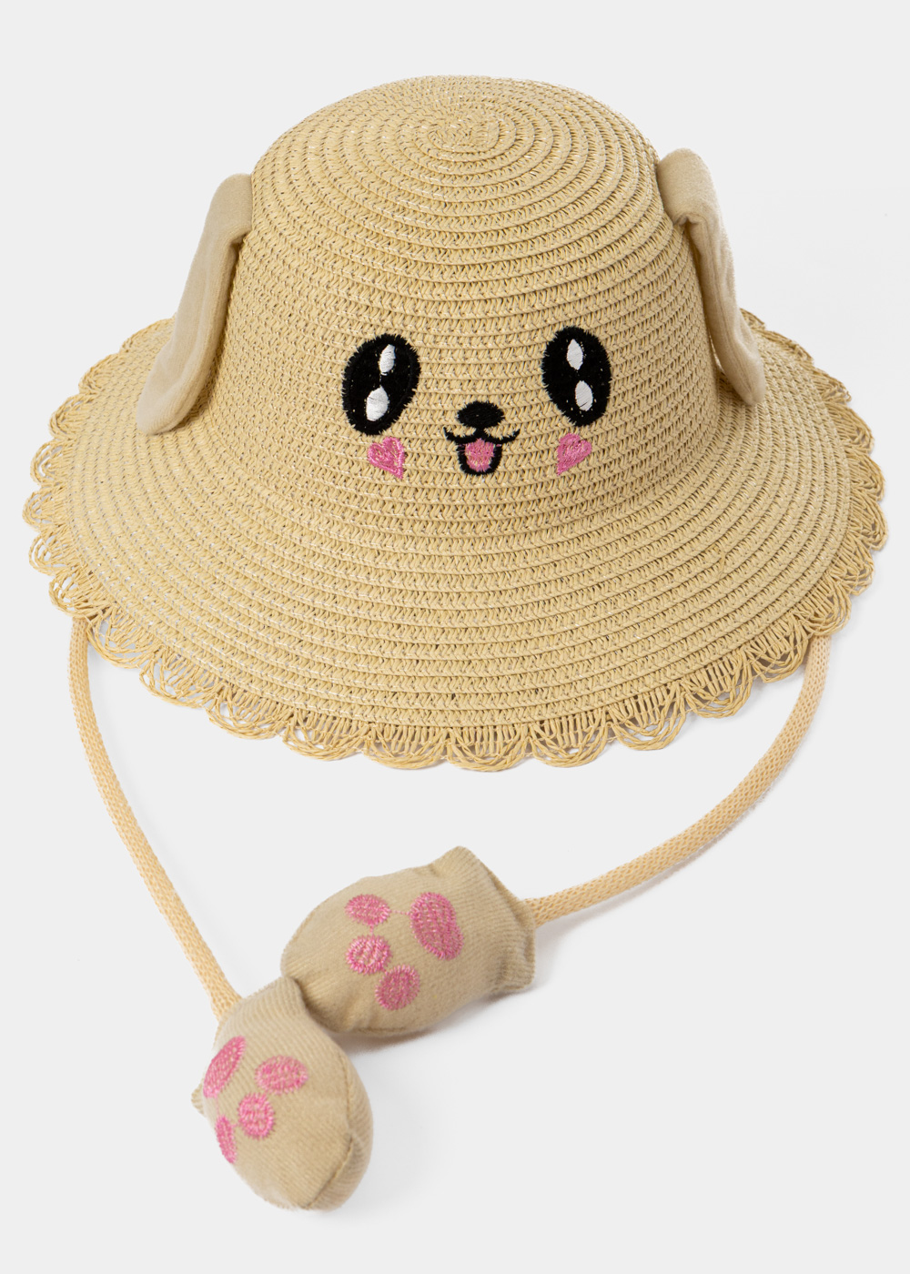 G28A6080 copy Beige Kids Straw Bucket Hat w/ Smiley & Wiggly Ears - Image 1