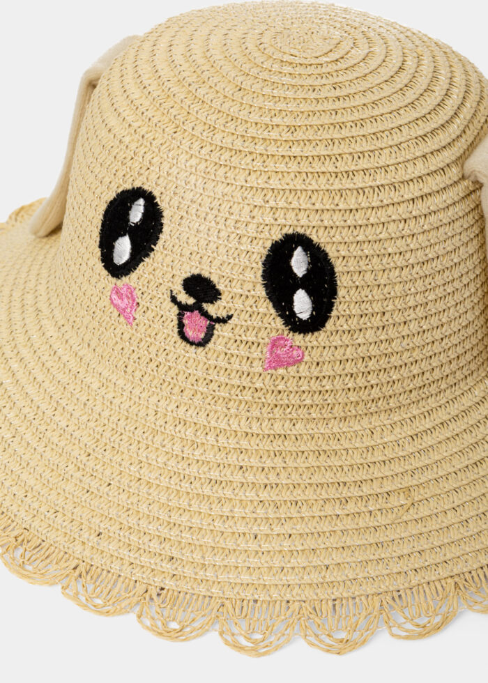Beige Kids Straw Bucket Hat w/ Smiley & Wiggly Ears - Image 2